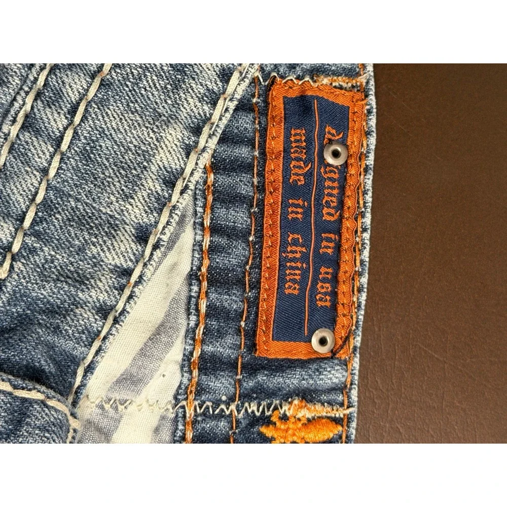 Rock Revival Mens Bootcut Jeans Size 34 Flap Pocket Thick Stitch Blue Y2K